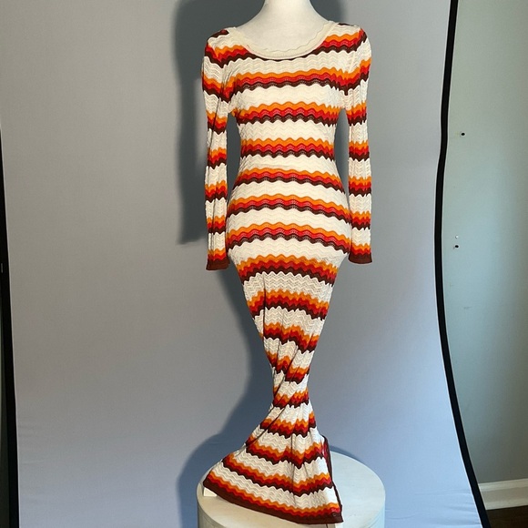 Bodycon Striking Striped Long Sleeve Crocheted Maxi Dress with Deep Scoop Back - Picture 7 of 16